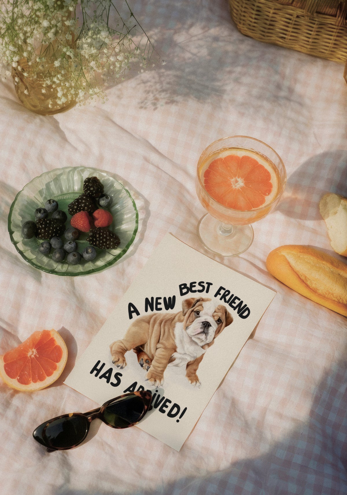A styled picnic scene on a pink-and-white checkered blanket with a printed card that reads 'A NEW BEST FRIEND HAS ARRIVED!' featuring a bulldog illustration. The scene includes a glass of orange drink, a bowl of berries, grapefruit slices, sunglasses, flowers, and a basket.
