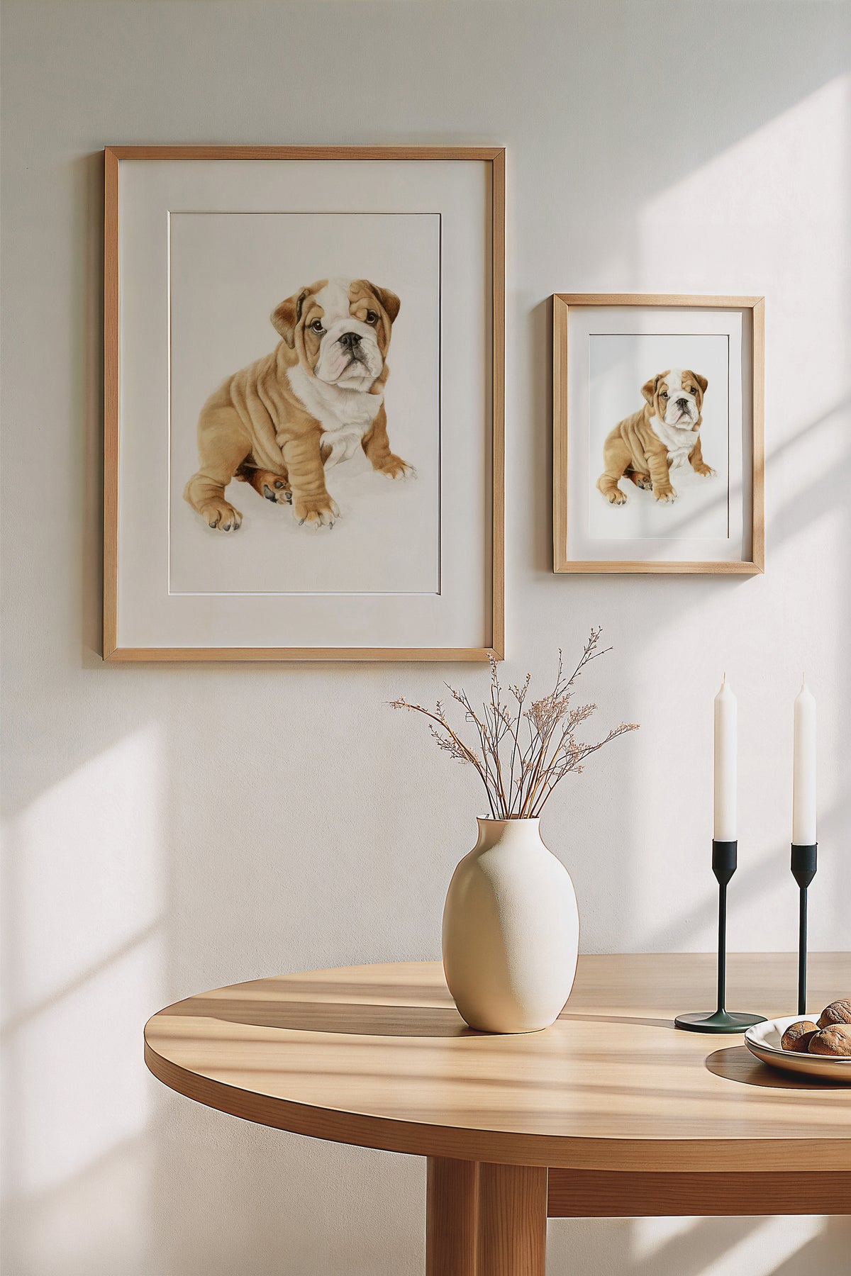 Two framed dog portraits hang on a light wall above a wooden table with a cream vase and candles in a softly lit interior.