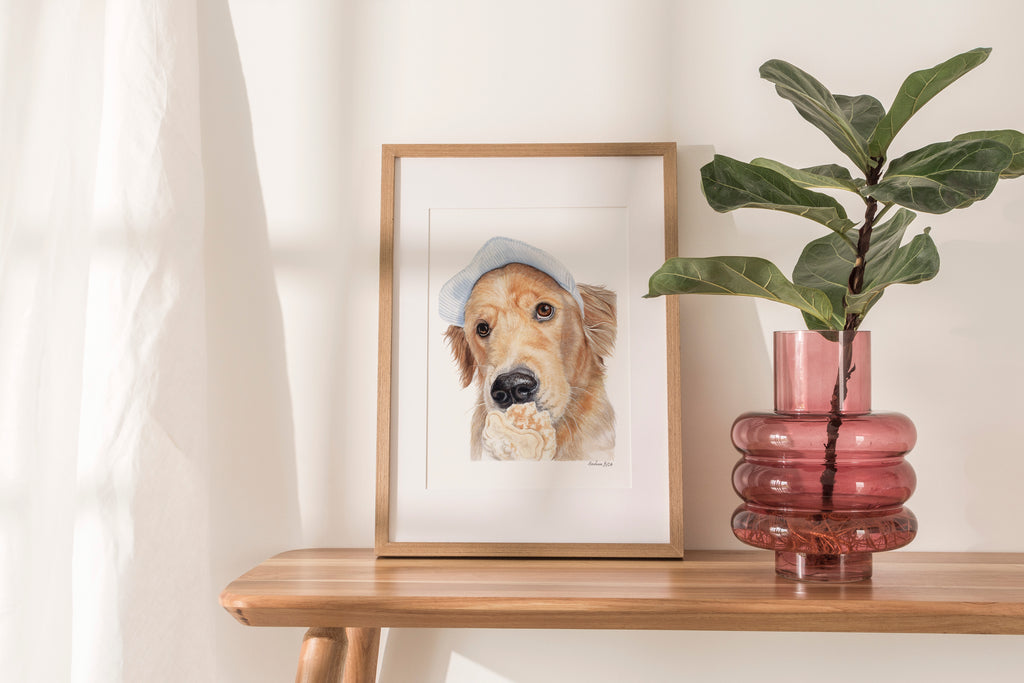Golden Retriever Dog Eating Ice Cream Art Print | Sweet Summer