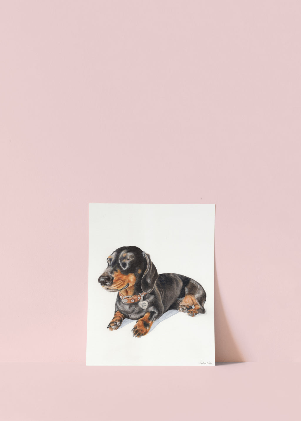 A vertical art print featuring a painted dachshund on a white background, leaning against a solid light pink wall.